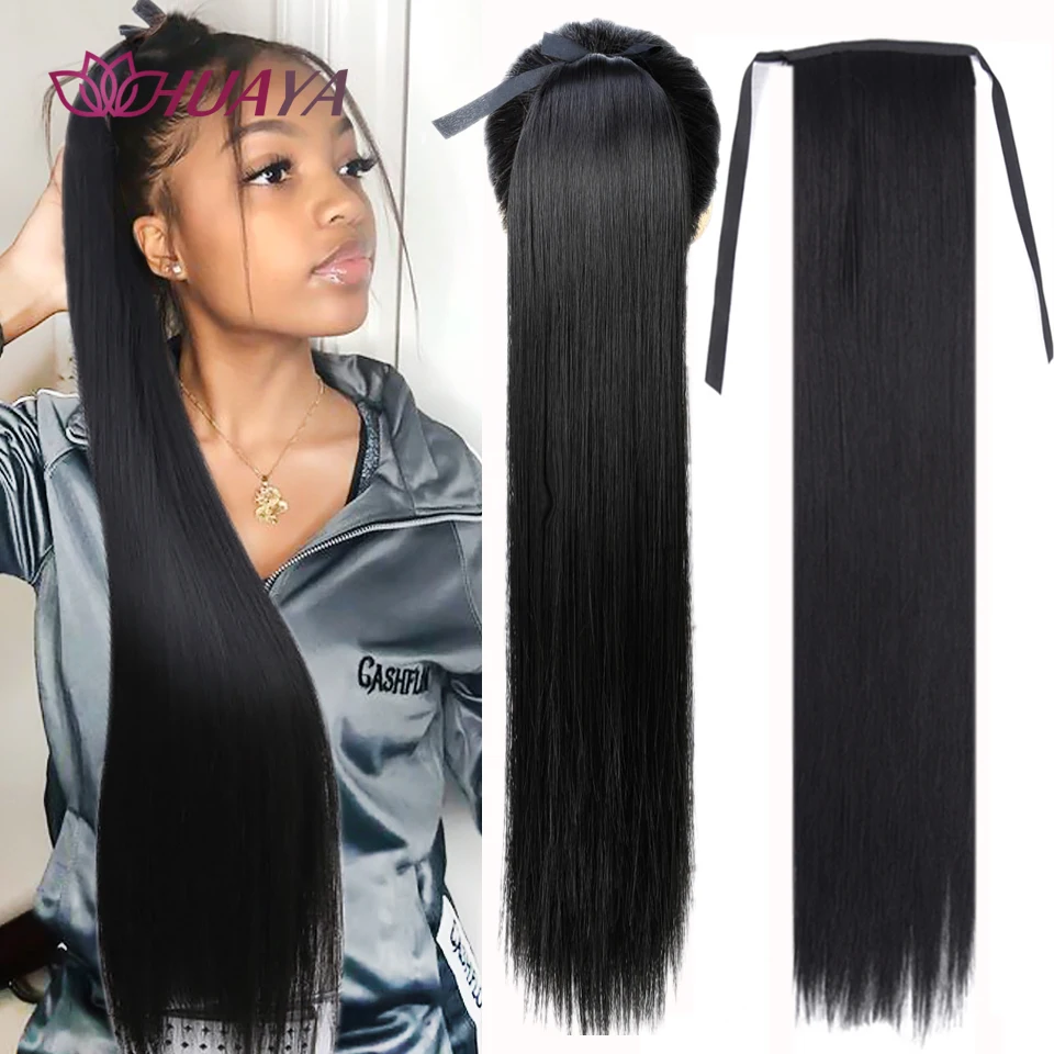 

HUAYA 32Inch Ponytail Synthetic Fake Hair Pieces Afro Long Straight Drawstring Pony Tails Clip in Hair Extensions