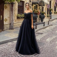 smileven sexy black tassel long prom gown robe de soiree sexy off the shoulder evening gowns puff tulle formal party dress