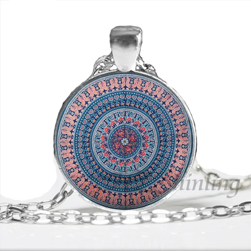 

Newest Indian Mandala Pendant Necklace Round Jewelry Buddhism Mandala Glass Dome Necklace Wholesale HZ1 Chains