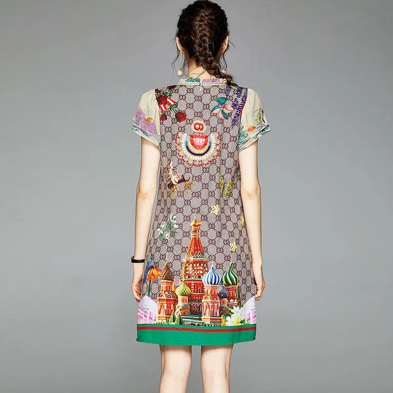 

2021 Summer New Women's Court Style Printed Lotus Leaf Short Sleeve Loose and Slim Dress