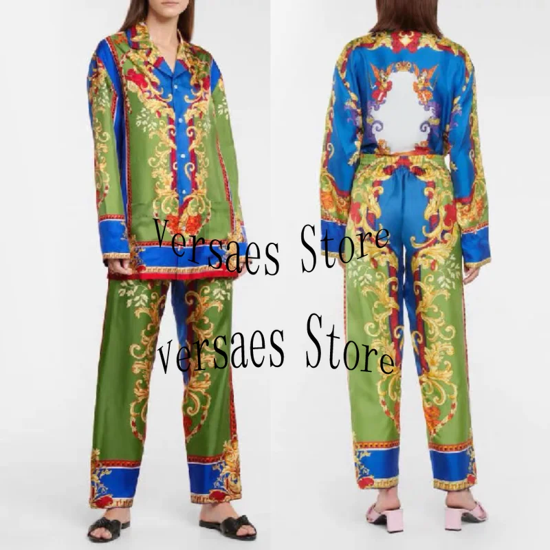

Роскошный дизайн 2021, женский новый комплект домашней одежды для отдыха, свободная рубашка с принтом в ретро-стиле и прямые широкие брюки-тру...