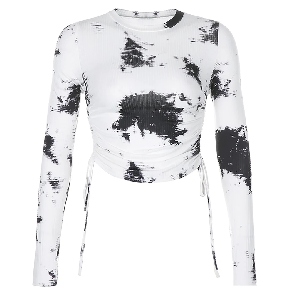 

Women Stylish O Neck Long Sleeve Tie Dye Drawstring Ruche Crop Top Slim Blouse