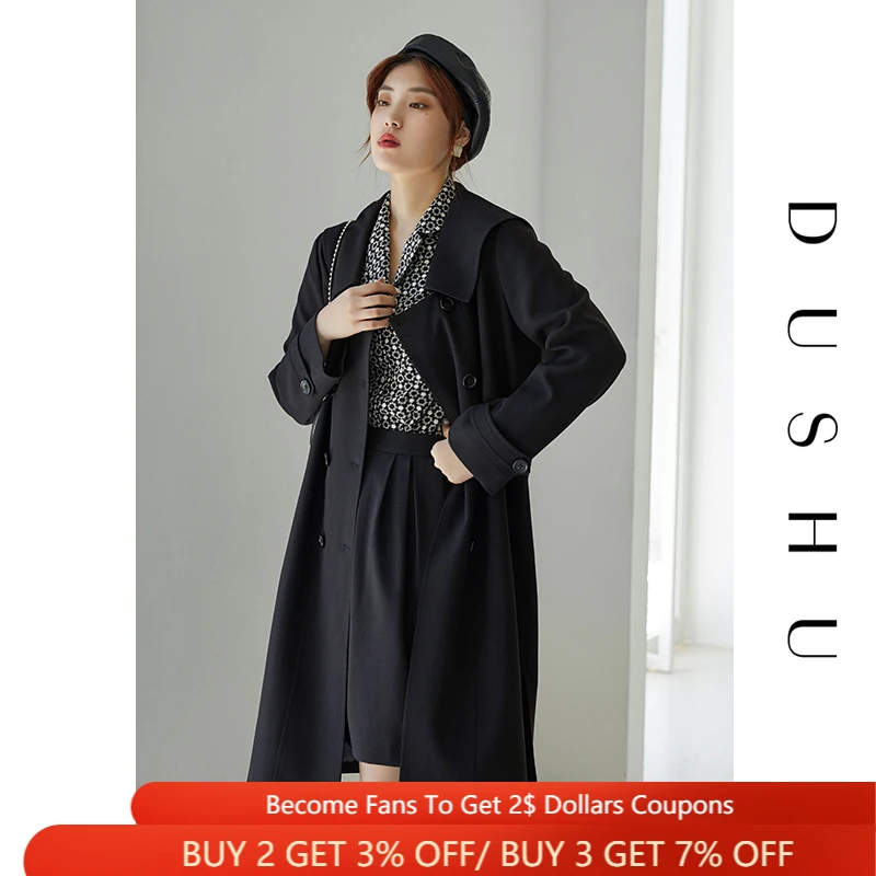

DUSHU Plus Size Double Breasted Long Black Trench Coat Women Belt Spring Autumn Elegant Windbreaker Fashion Oversized Jacket