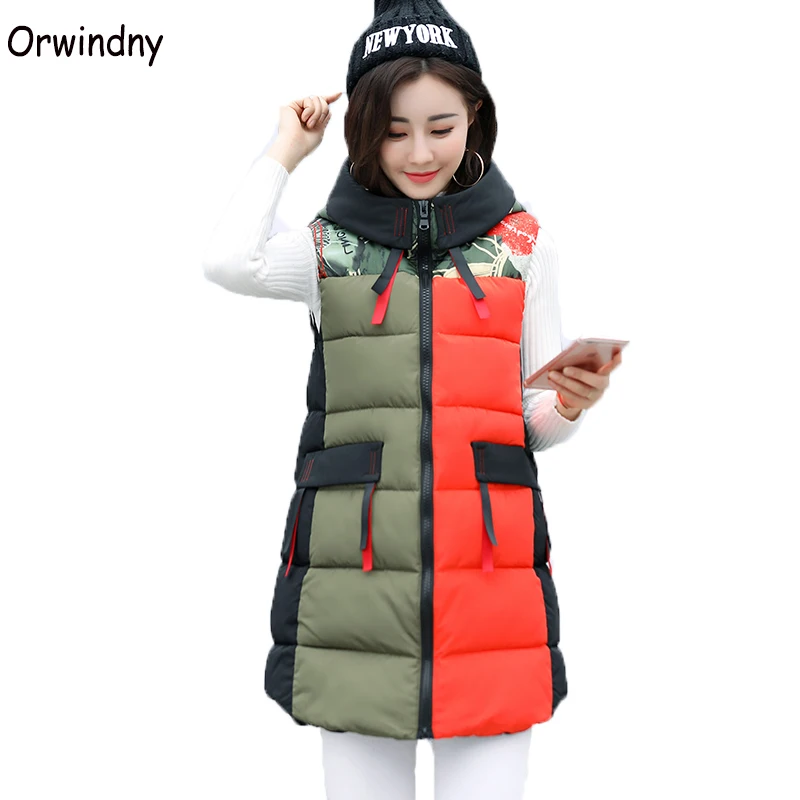 Женский хлопковый жилет с принтом зимняя Лоскутная куртка без рукавов капюшоном