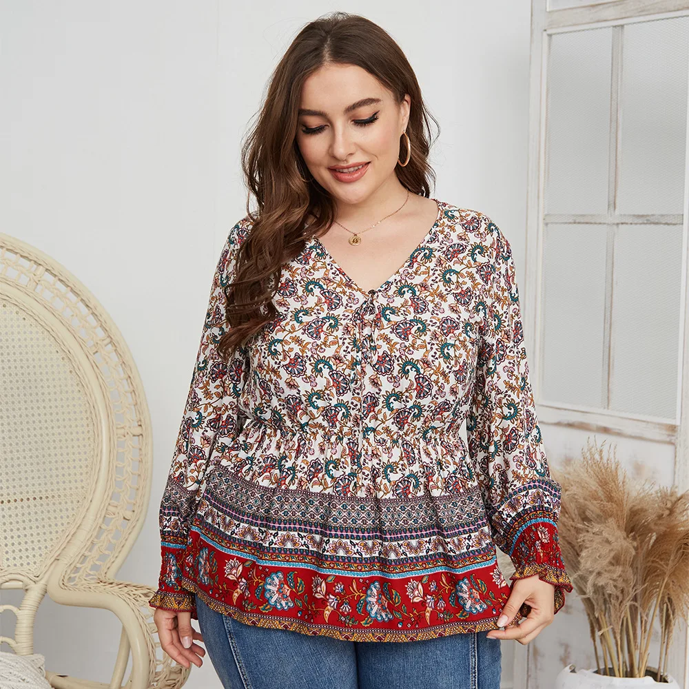

New 2021 Ladies Spring Autumn Plus Size Tops For Women Large Long Sleeve Loose Ruffle Floral Print Flower Shirt 3XL 4XL 5XL 6XL
