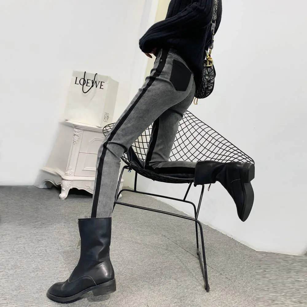 

Узкие эластичные джинсы контрастных цветов с высокой талией, женские узкие брюки-карандаш в Корейском стиле на осень и зиму, 2021