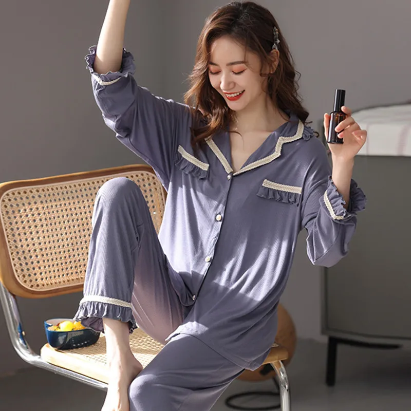 

Fashion Ins Spring Autumn Pajamas For Women Modal Comfortable Sleepwear 2 Piece Set Lapel Long Sleeve Ladie's Pijama Suit 3XL