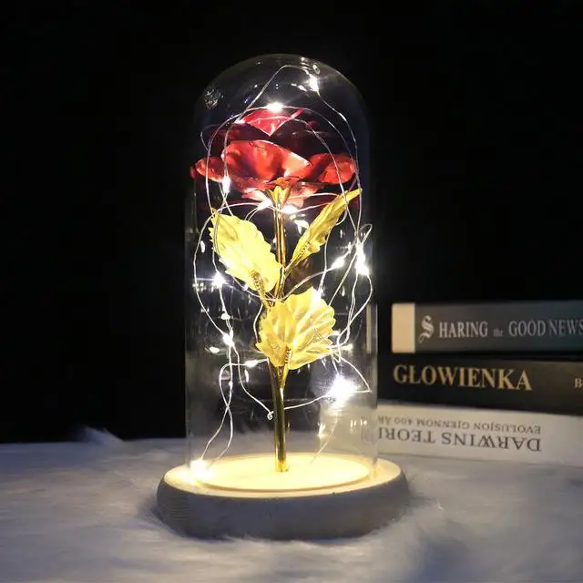 Настоящие Искусственные цветы из шелка пластиковые розы филиал в колбе светодиодный розовый флакон лампы Праздничные вечерние подарочные коробки поддельные цветы - Цвет: Gold foil - red