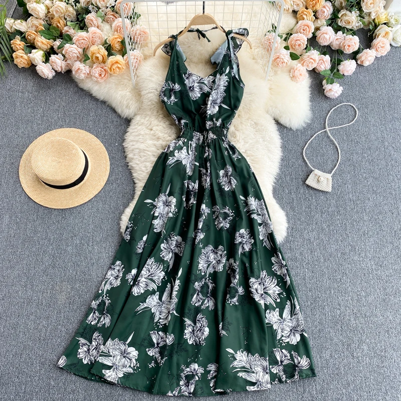 

Summer The New Holiday Long Dress Cross Spaghetti Strap Open Back Beach Style Ankle-Length Women Dresse long printed beach dress