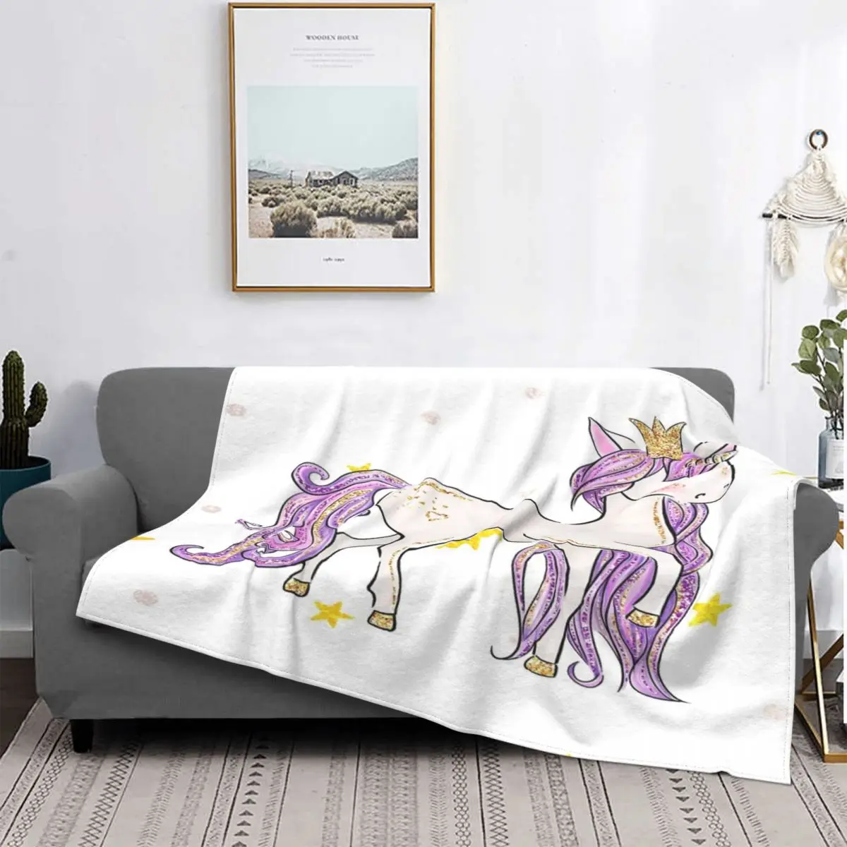 

Manta con capucha para la cama, colcha a cuadros con estampado de unicornio púrpura brillante, para la playa
