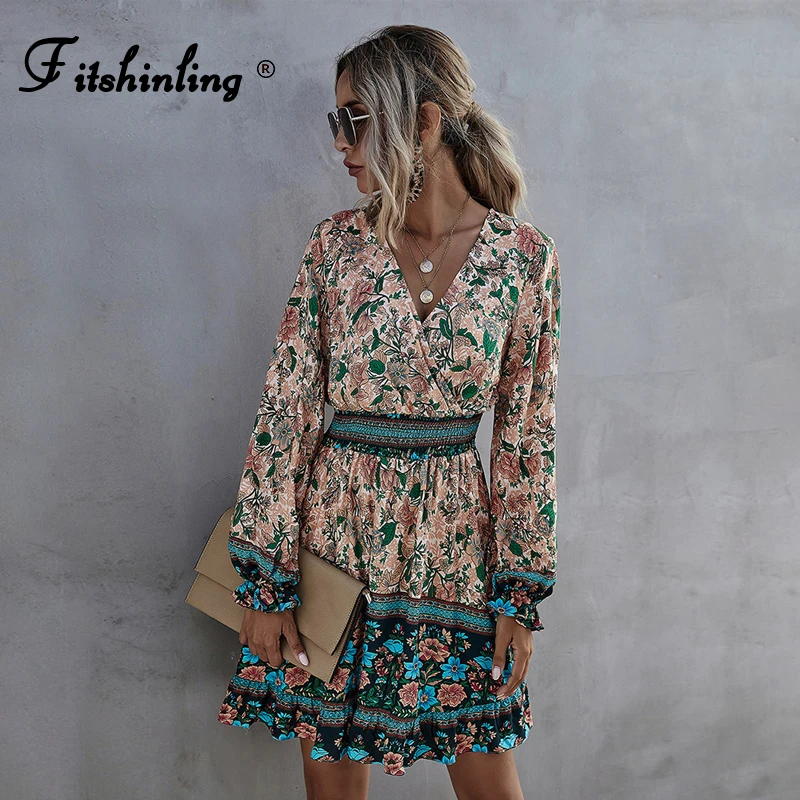 

Fitshinling Bohemian Ruffles Dress Women Long Sleeve Print Floral Wrap A Line Pareo Holiday Slim Sexy Short Robe Beach Tunic