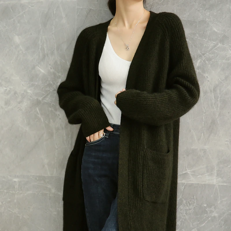 

New 2021Casual Long Knitted Cardigan Women Tops Vintage Loose Sweater Coat Solid Oversized Jumper Korean Fashion pocket Clothes