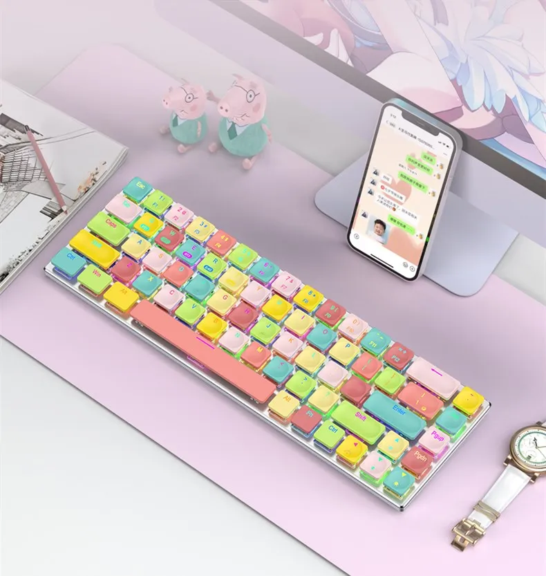 

Новая технология, беспроводная bluetooth-клавиатура Macaroon карамельных цветов, 68 клавиш, три режима, RGB подсветка, механическая Офисная Клавиатура