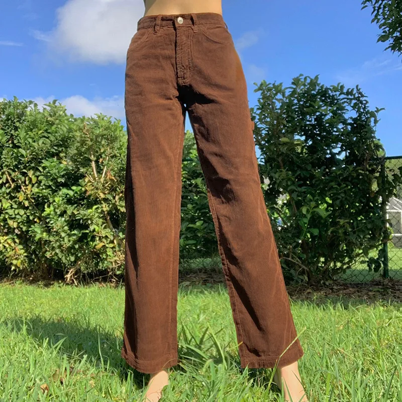

TRODEAM High Waist Straight Denim Casual Streetwear Mom Jeans Vintage Corduroy Brown Long Aesthetic Pants Women Streetwear 2021