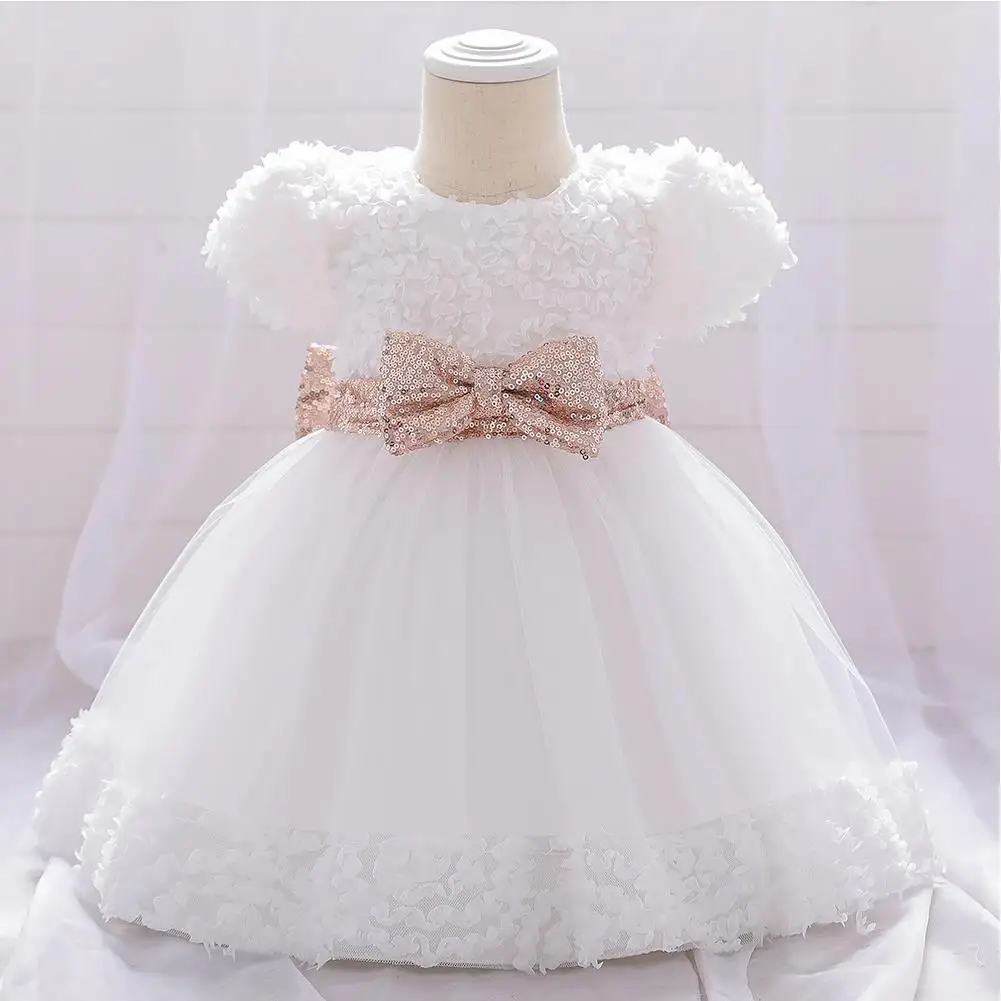 Baby Girl Princess Dress Puff Sleeves Tutu Skirt Floral Applique Decoration Dress With Sequined Bow Tiara And Bow Pins 3pcs