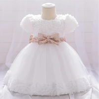 baby girl princess dress puff sleeves tutu skirt floral applique decoration dress with sequined bow tiara and bow pins 3pcs