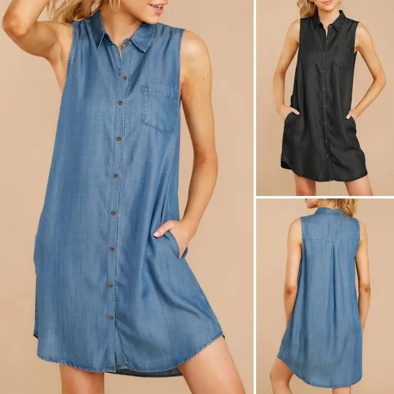 ZANZEA Women Stylish Sleeveless Mini Jeans Dress Vintage Demin Baggy Casual Sundress Buttons Vestidos Robe Plus Size | Женская одежда