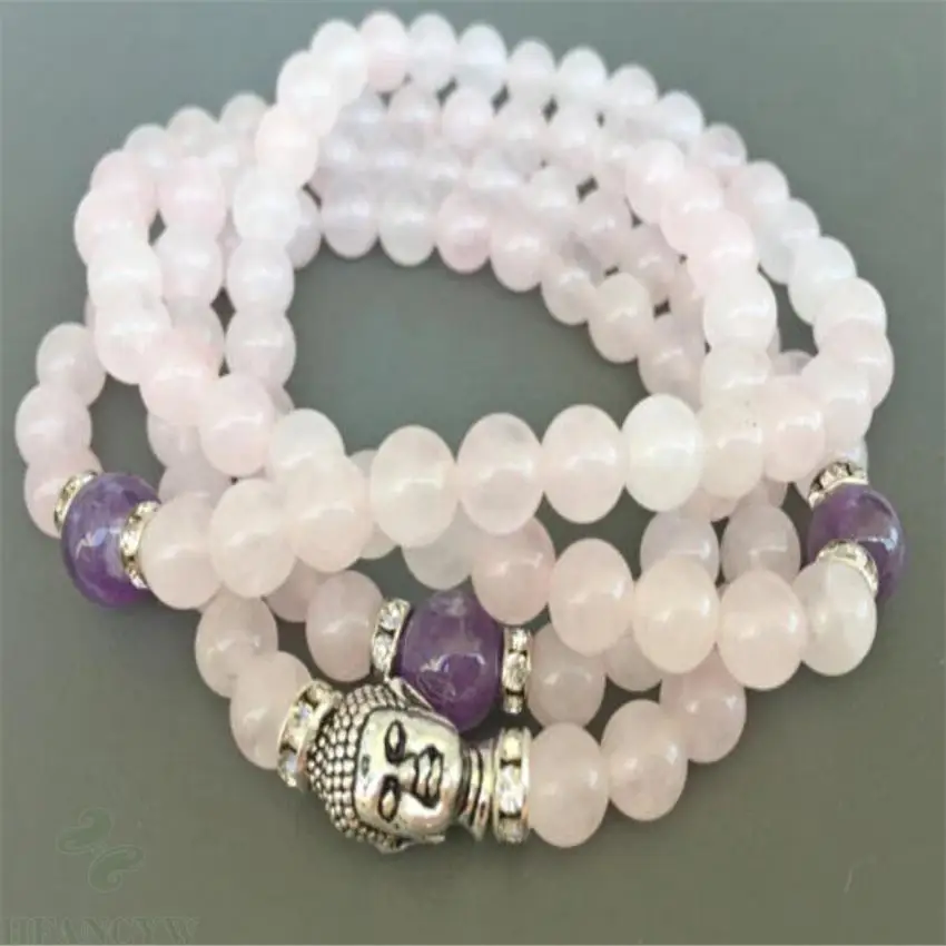

8mm Pink Crystal Gemstone Mala Bracelet 108 Beads yoga Wrist cuff natural Buddhism Sutra Unisex energy Healing MONK spirituality