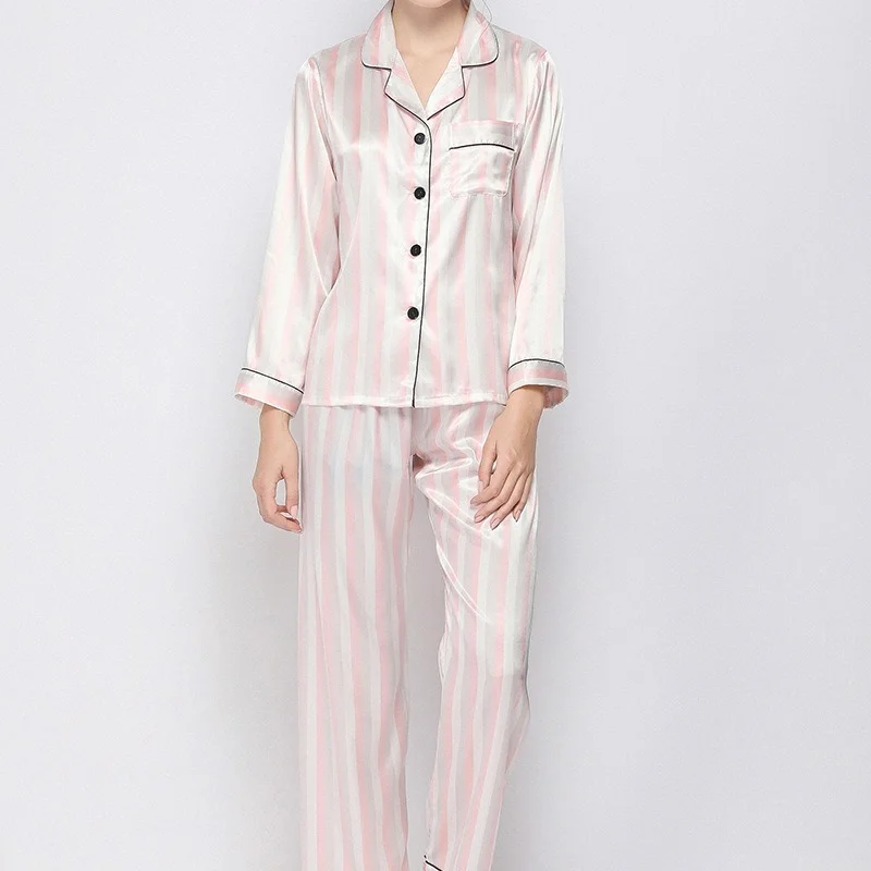 QWEEK Striped Silk Like Pajamas for Women Autumn Brief Bedroom Set 2 Piece Pijamas Female Sleepwear Pink Black Loungewear Pyjama