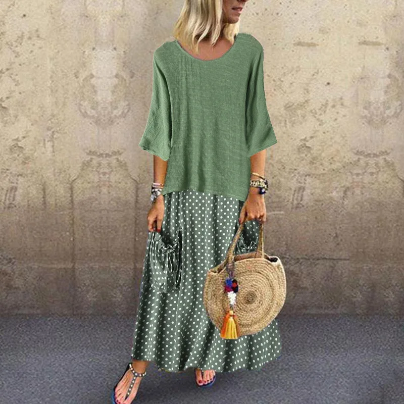 Женское платье в горошек с круглым вырезом и рукавом до локтя | Женская одежда