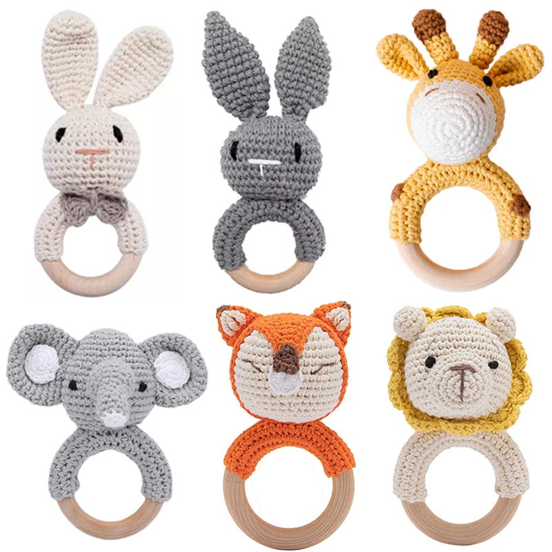 Wooden Teether Crochet Pattern Rattle Rabbit Lion Fox Beartoy Newborn Gift Baby Teether Crochet Custom Name