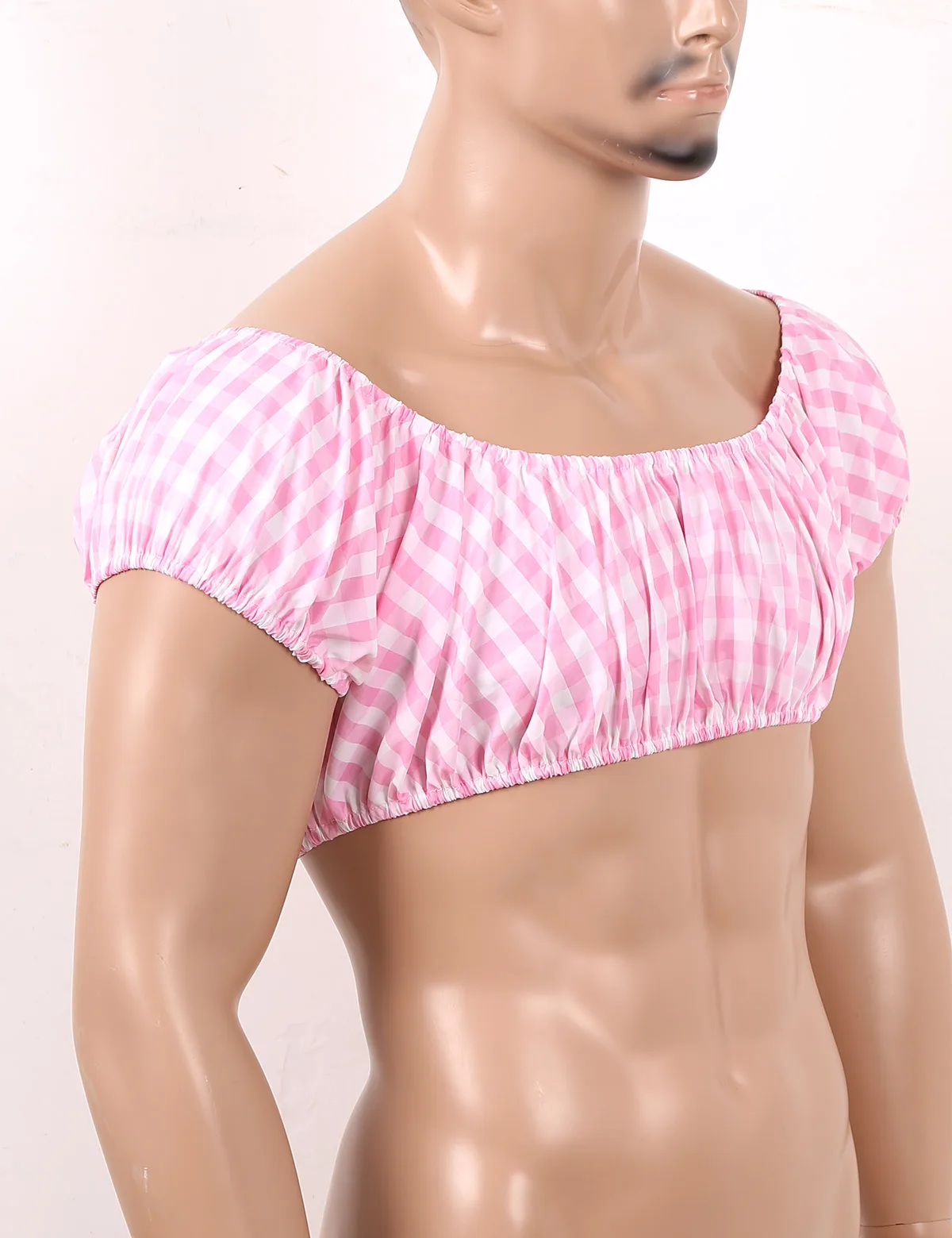 Mens Sissy Cross Dresser Gay Male Costumes Square Necklne Short Sleeves Elastic Gingham Plaid Crop Tops Role Parties Clubwear |