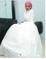 fashion high neckline long sleeves ballgown wedding dresses sweep train lace appliques robes de mariage muslim bridal gowns