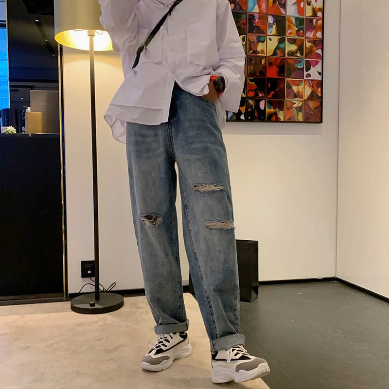 

Hip-Hop Ins Mens Korean Fashoins Harem Blue Jeans Pants Vintage Straight Pants Harajuku Jeans Baggy Belt High Quality Denim