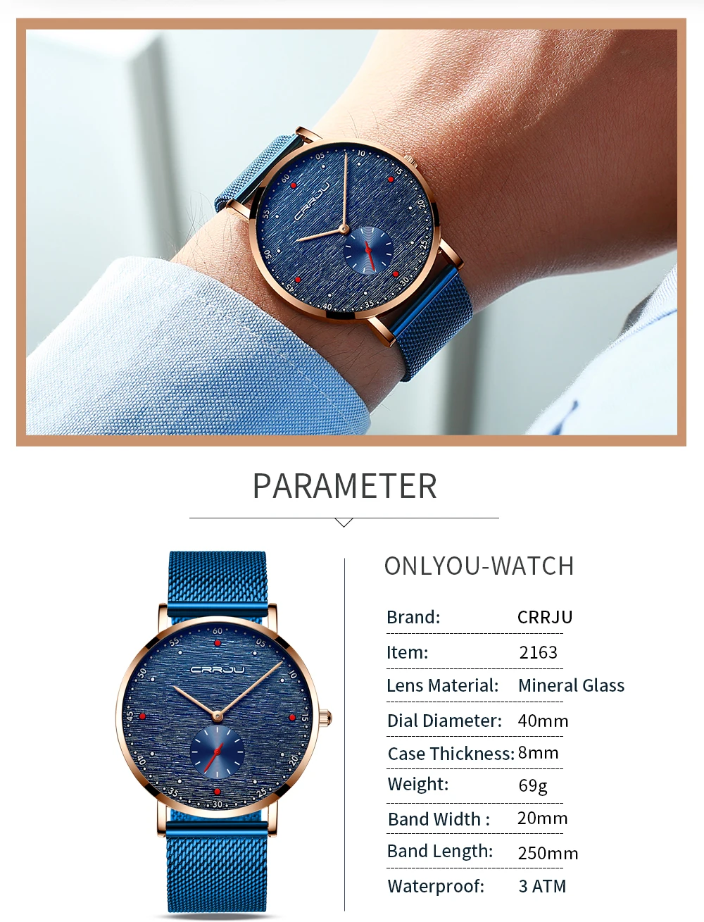 CRRJU Watch Men Fashion Business Watches Men's Casual Waterproof Quartz Wristwatch Blue Steel Clock Relogio Masculino
