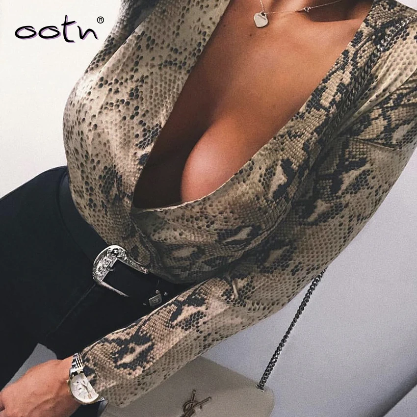 OOTN змеиный принт Шелковый комбинезон женский винтажный комбинезон топ с длинными рукавами рубашка Глубокий v-образный вырез змеиная кожа атласный комбинезон женский осенний