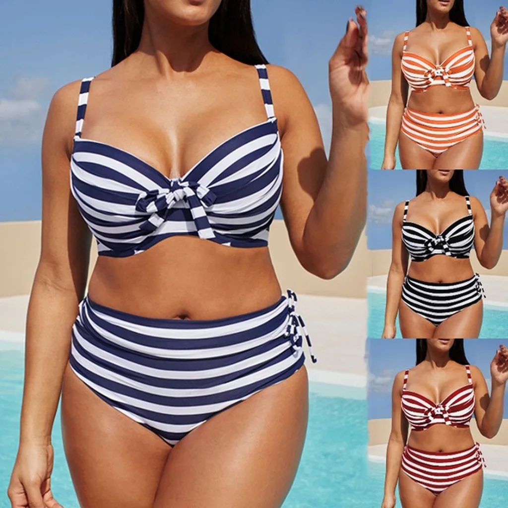 

Plus Size Split Swimsuit 2021 European and American Hot Sale Swimwear Striped Bowknot High Waist Women Bikini Maillot De Bain