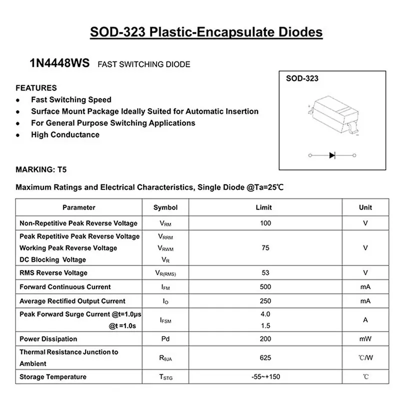 100Pcs SMD Fast Switching Diode 1SS355 A 1N4148WS T4 1N5819WS S4 1N5819 100V SOD-323 Electronic Components | Электронные