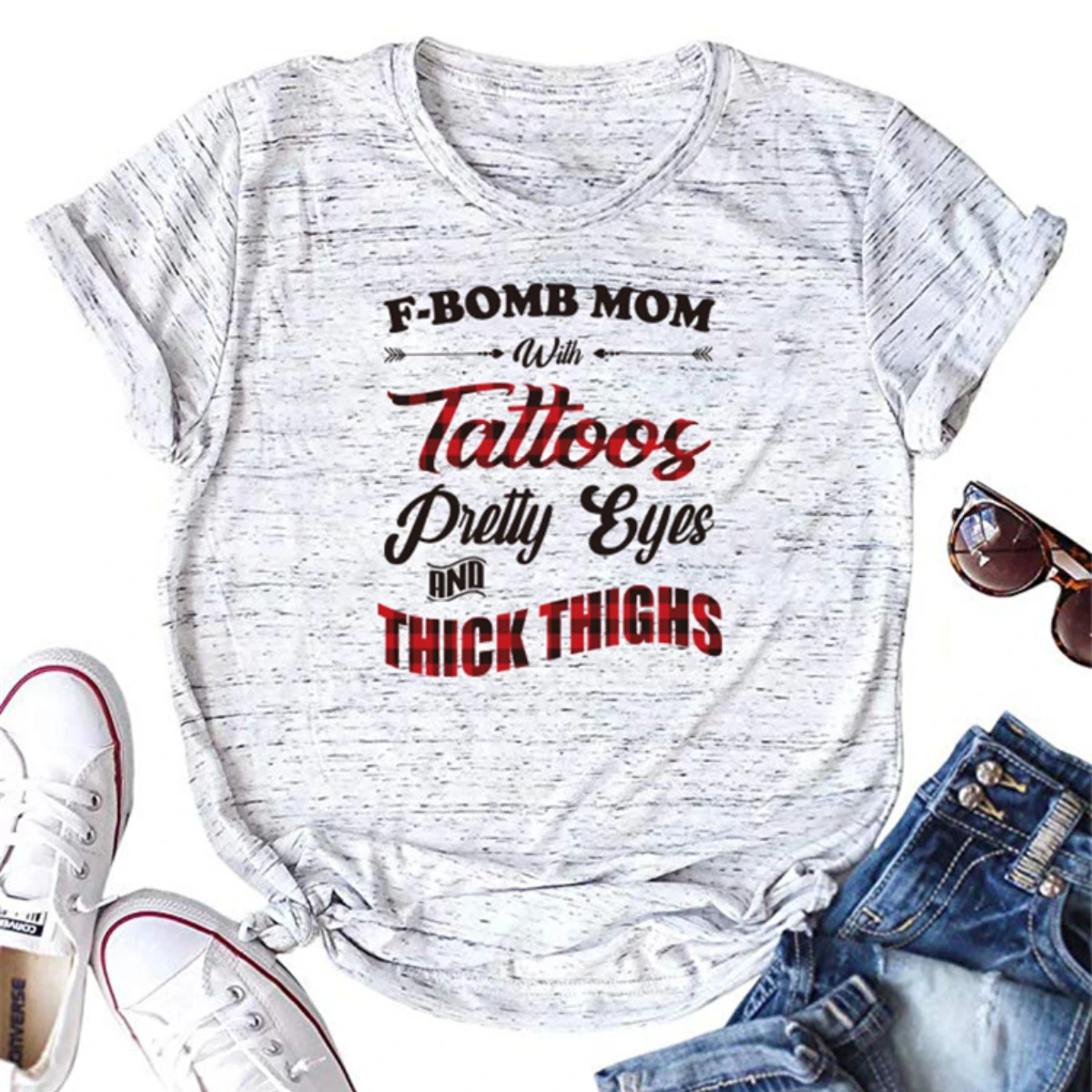 

Women Funny slogan T Shirts Creative F-BOMB Mom with Tattoos Pretty Eyes and Thick Thighs T-shirt Top Vintage Cussing O-Ncik Tee