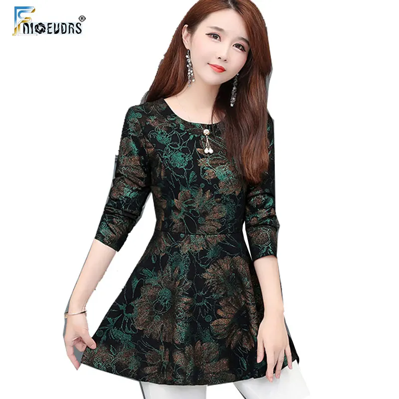 

Женская блузка с длинным рукавом, элегантная винтажная туника с цветочным принтом, топ с баской, s030