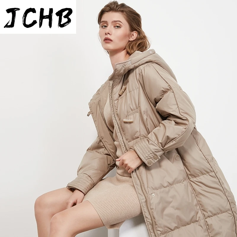 

SHZQJCHB Winter Women Coats 2021 Solid Color Fashion Long Down Jacket With Zipper Long Sleeve Button Thick Warm Hooded Coat