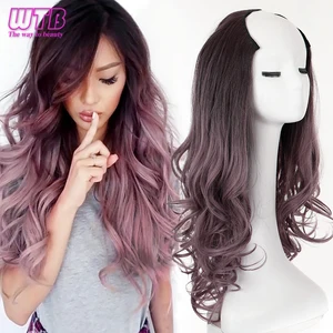 Парик WTB U-образный для женщин, длинные волнистые смешанные волосы черного и фиолетового цветов, 60 см, натуральные женские волосы U-образной формы с эффектом омбре, синтетические волосы для ежедневного использования