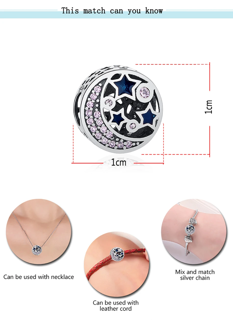 ELESHE 925 Sterling Silvrer Pink Clear CZ Moon Night Sky Star Charm Fit Original Charm Bracelets Necklaces DIY Jewelry Making