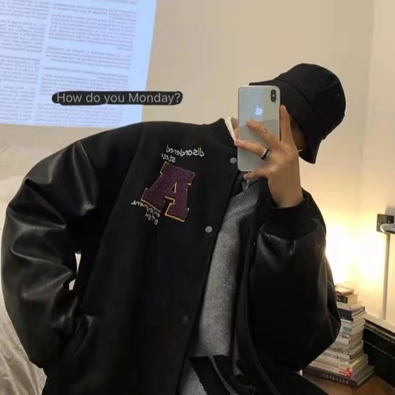

Black A Jackets American Baseball Bomber Students Racer Zip Up Men Women Clothing Couples Harajuku Hippie Clothes Japanese