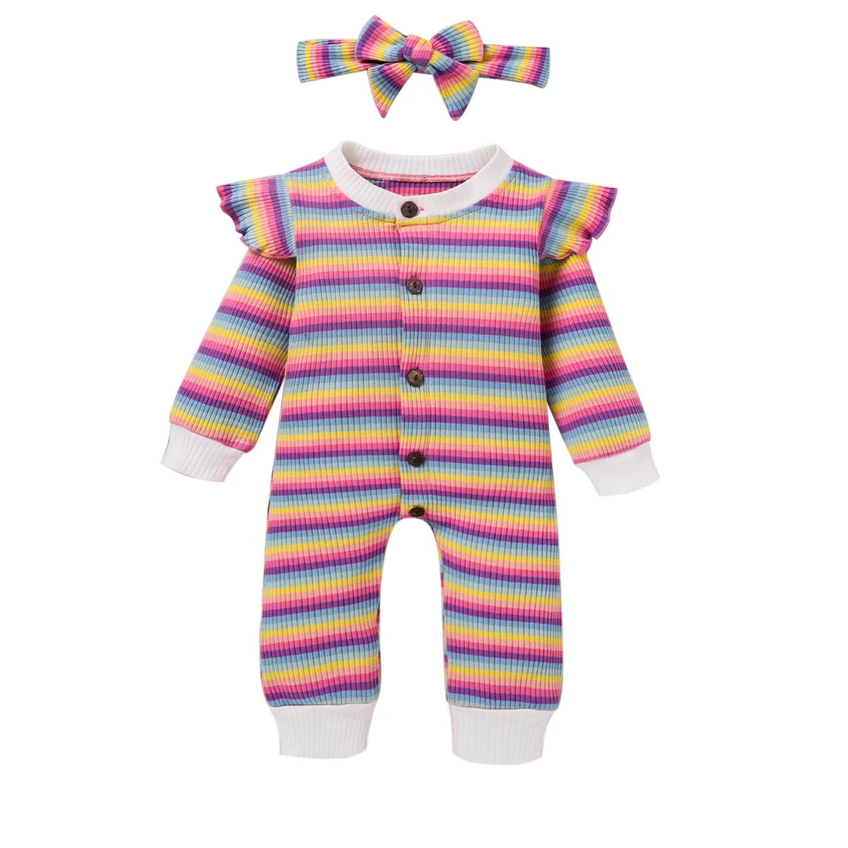 

0-18Months Autumn Newborn Baby Girl Boys Clothes Colorful Striped Long Sleeve Ruffle Romper + Headband 2Pcs Clothes Set