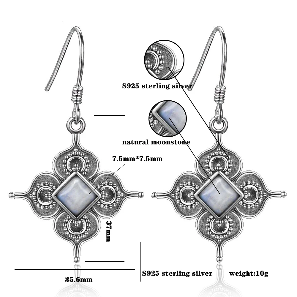 

New Design Flower Square Natural White Moonstone Drop Earrings For Women 925 Sterling Silver Geometric Jewelry