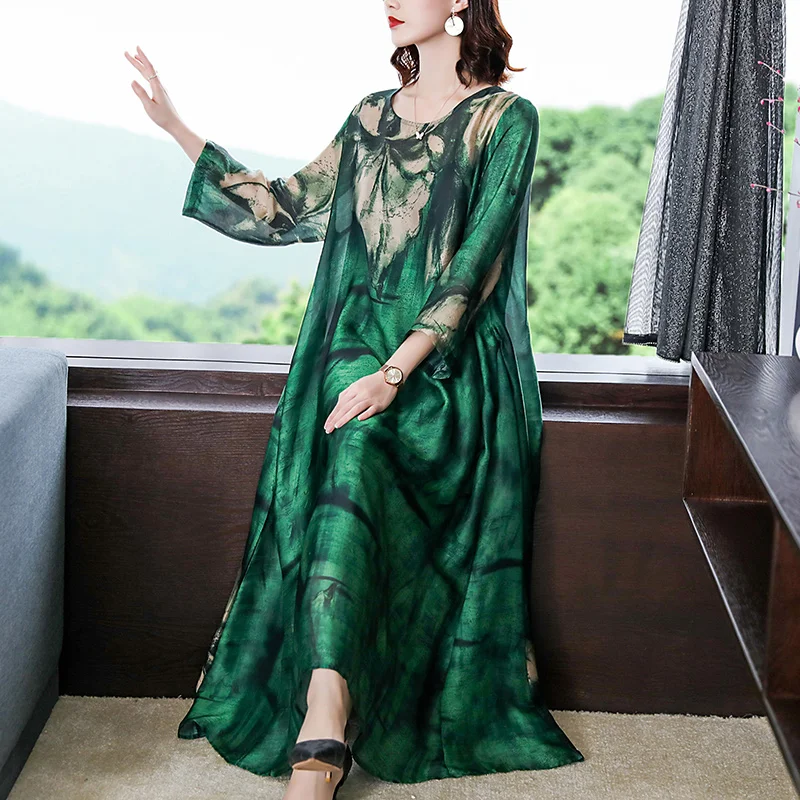 ZUOMAN 2021 Loose Casual Print Mulberry Silk Maxi Dress Spring Summer Vintage 4XL Plus Size Dress Elegant Women Bodycon Party Ve