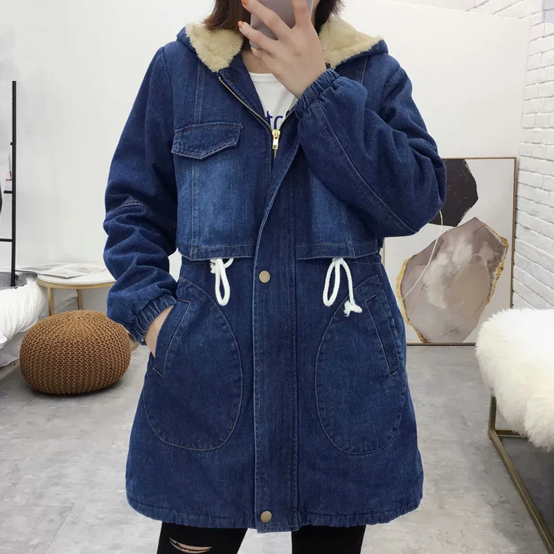 Denim Blue Новинка Женская Ватник Джинсовый Пальто Зима Модный Повседневный Ситец Утепленная Плюс бархат Толстый С капюшоном Длинный Куртки Женщина - Цвет: Denim Blue