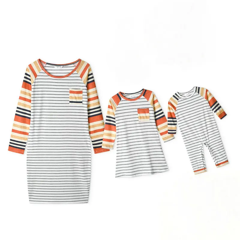 

Matching Family Striped Dress Baby Romper Family Outfits Clothes Autumn Log Sleeve Mom And Daughter Dresses Adult-Child Clothes