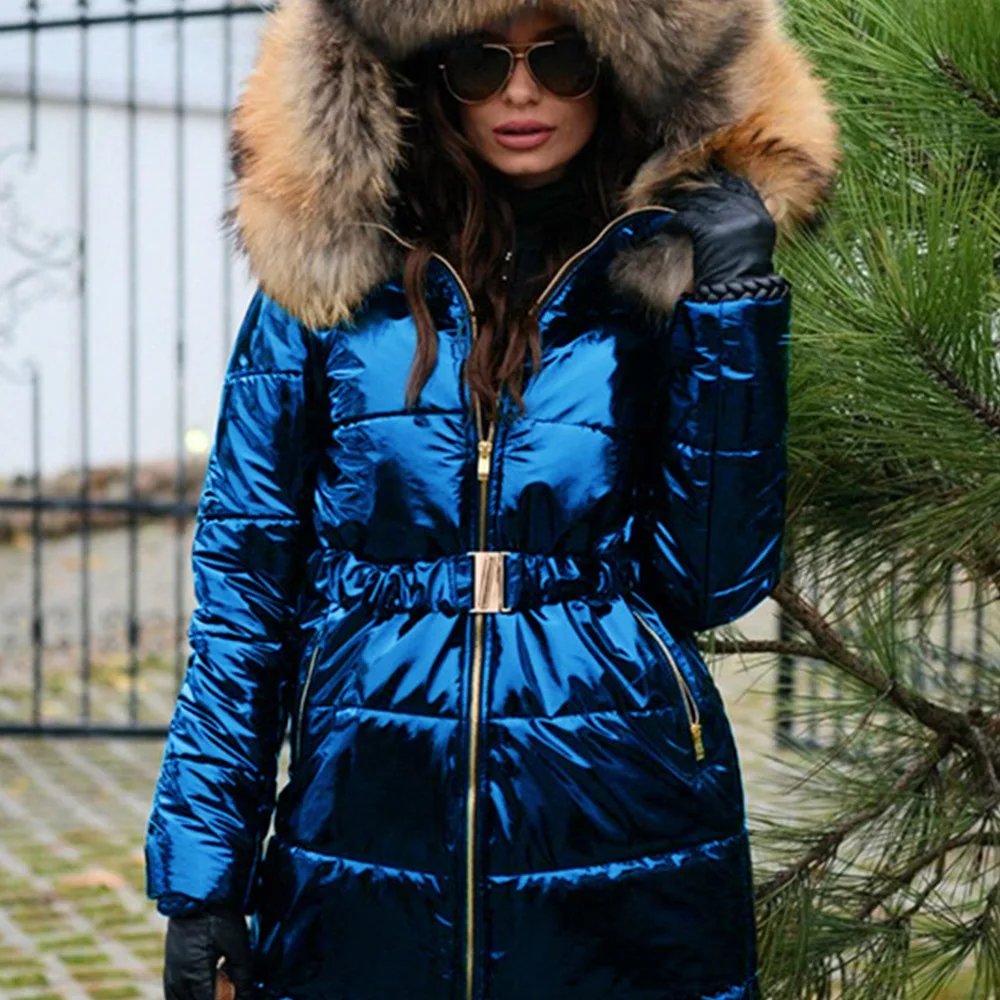 Women's Winter New Thick And Warm Solid Color Faux Fur Collar Jacket Waist Hooded Jacket Fashion Elegant Plus Size Jacket