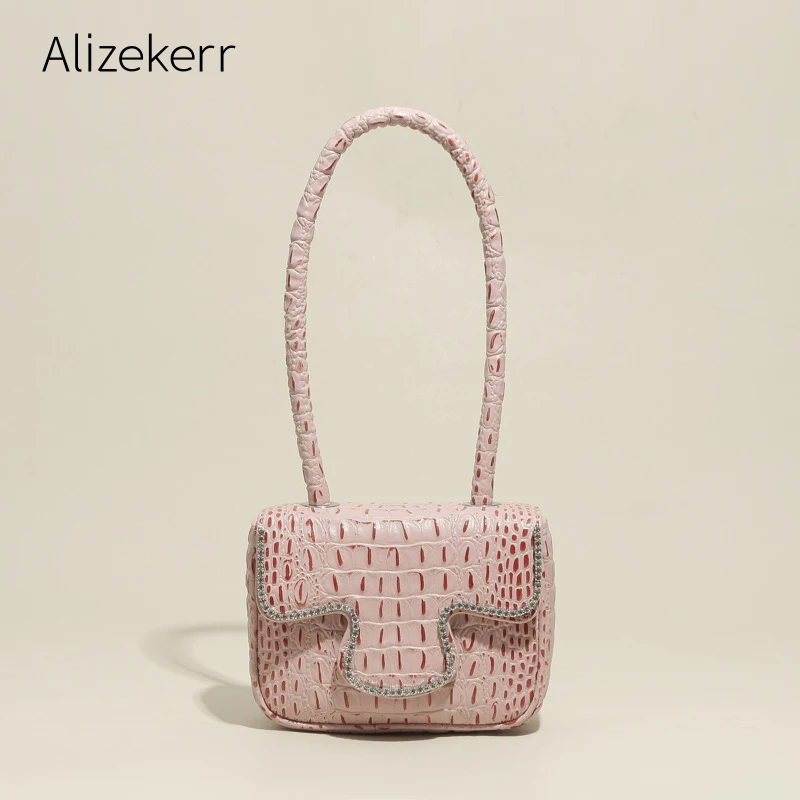 

Из натуральной кожи с узором «крокодиловая кожа» Сумка через плечо для женщин 2021 Элегантные Роскошные брендовые дизайнерские Стразы кошел...