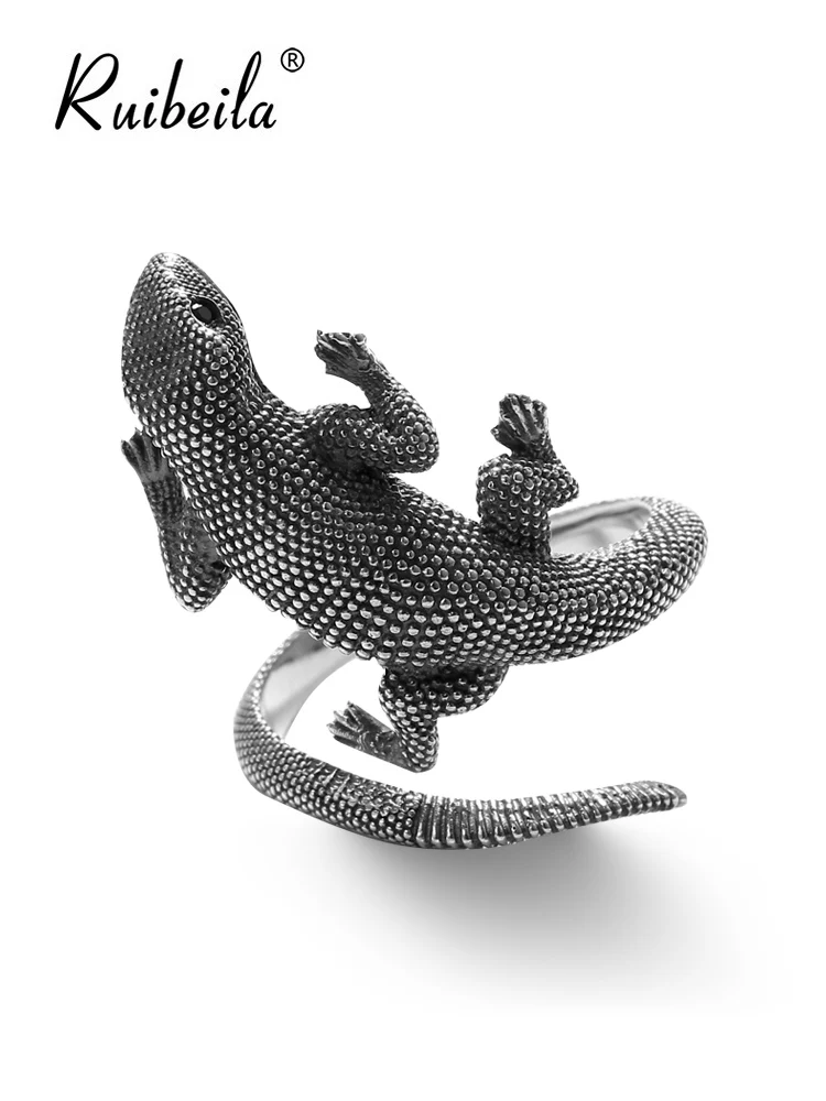 

Ruibeila кольцо на открытом воздухе с изображением ящерицы в трех размерах, с изображением животных, с изображением листьев, серебро 925 пробы
