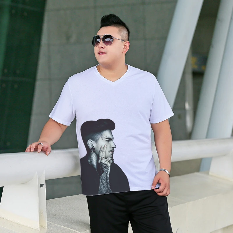 

men's size New Large V-neck fat streetwear printing T-shirt high street summer short-sleeved zipper casual cotton