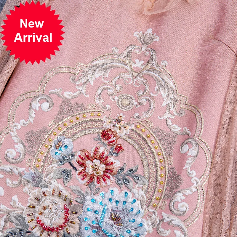 

New 2021 Fashion Runway Summer Dress Women Pink Long sleeve Gorgeous Beading Floral Jacquard Vintage Mini Dress