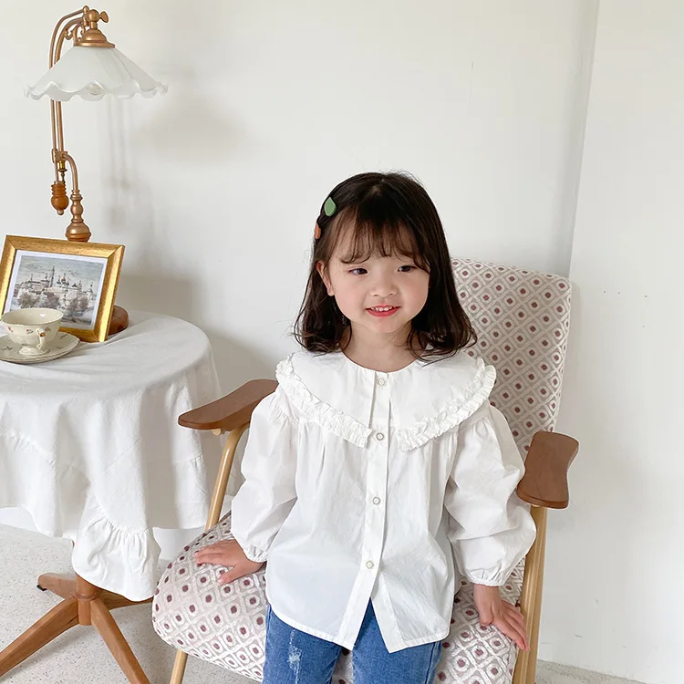 

Girls Sweet Lace Shirt Children's Lapel Long Sleeve Solid Color Cotton Korean Top 2021 Spring