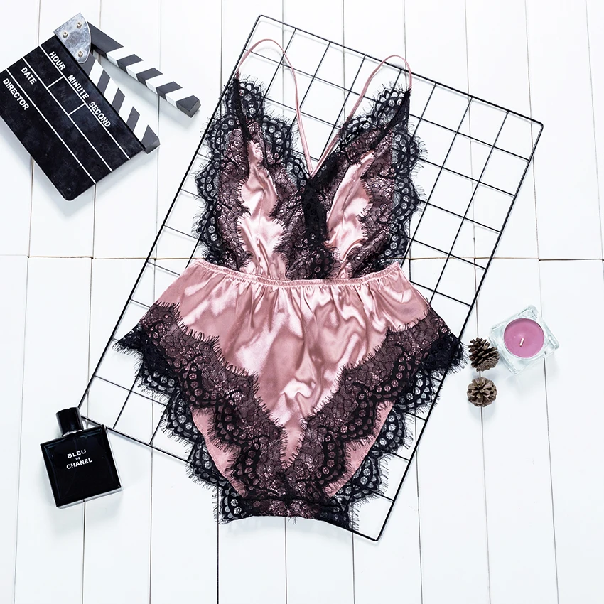 Женский Атласный комбинезон с открытой спиной и кружевной отделкой сексуальный